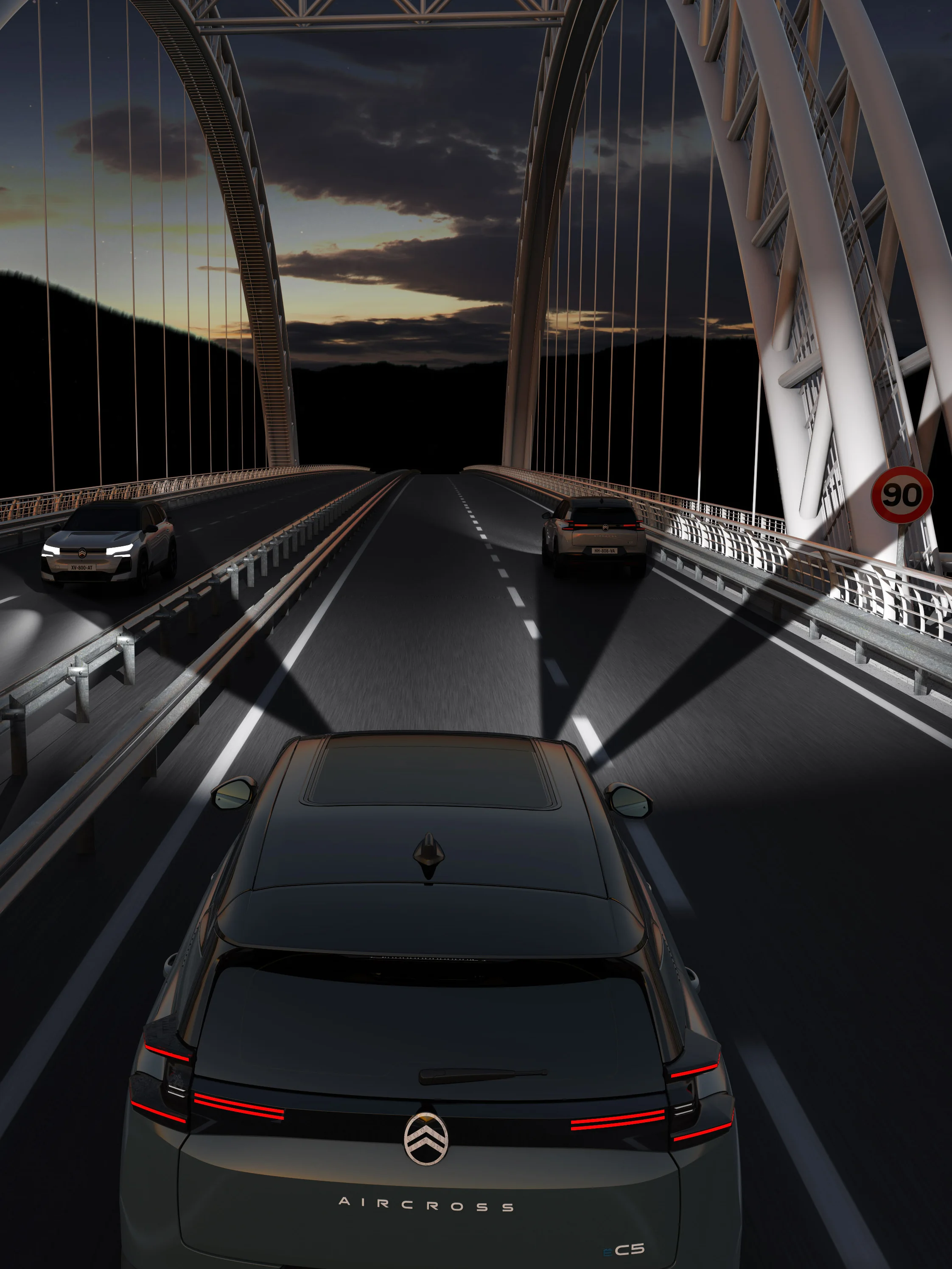 Vue arrière ë-C5 Aircross mettant en valeur phares LED matriciels, visibilité, sécurité et technologie pour une conduite nocturne paisible