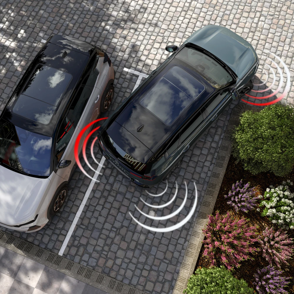 Vue de dessus ë-C5 Aircross avec capteurs avant et arrière améliorant la visibilité, la sécurité, la technologie et la confiance en manœuvre premium