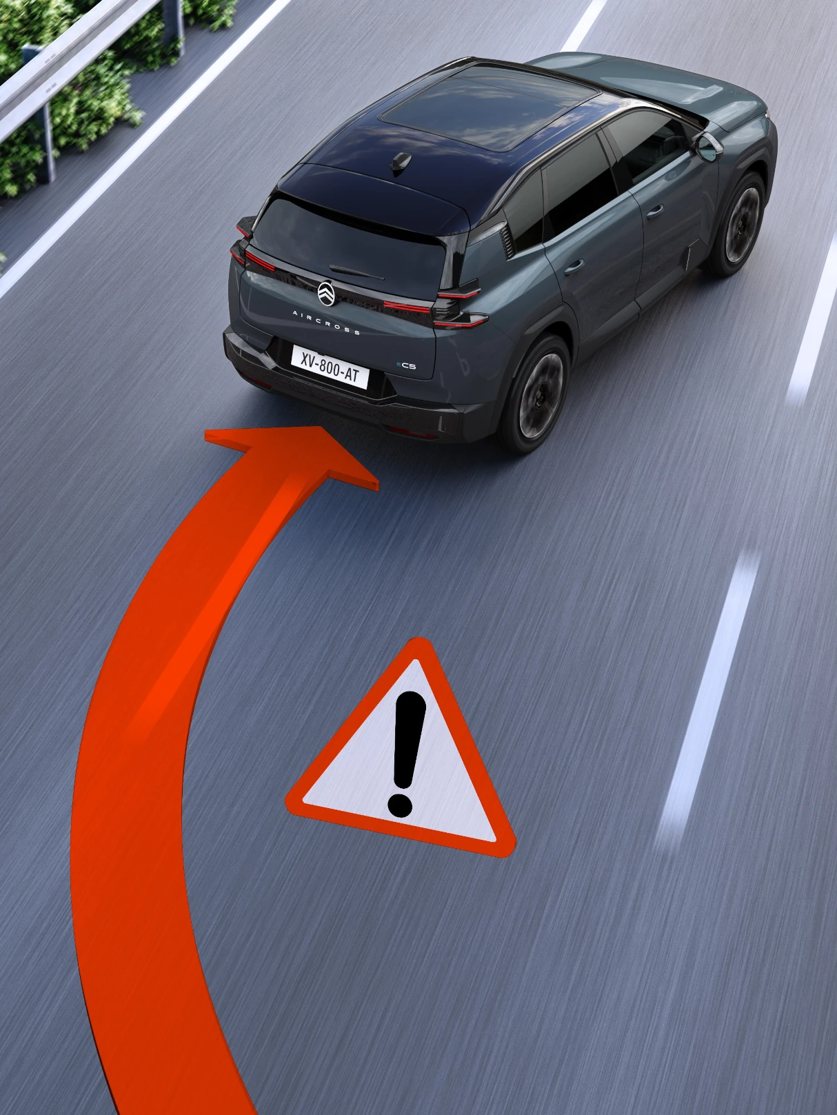 Vue arrière à vue trois-quarts ë-C5 Aircross avec avertissement de sortie de voie améliorant la sécurité, la visibilité et un maintien de voie assuré